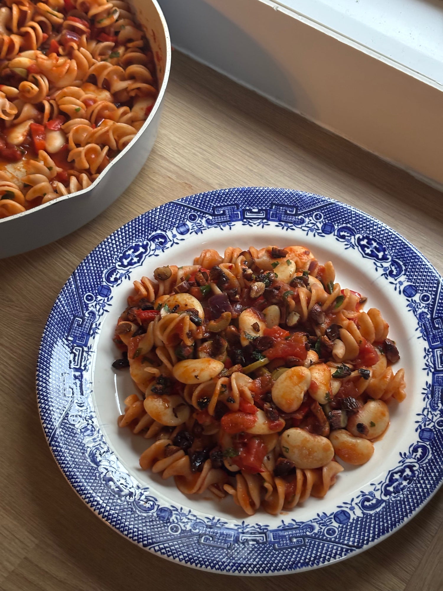 Harissa Butter Bean Fusilli with Almond Crumb