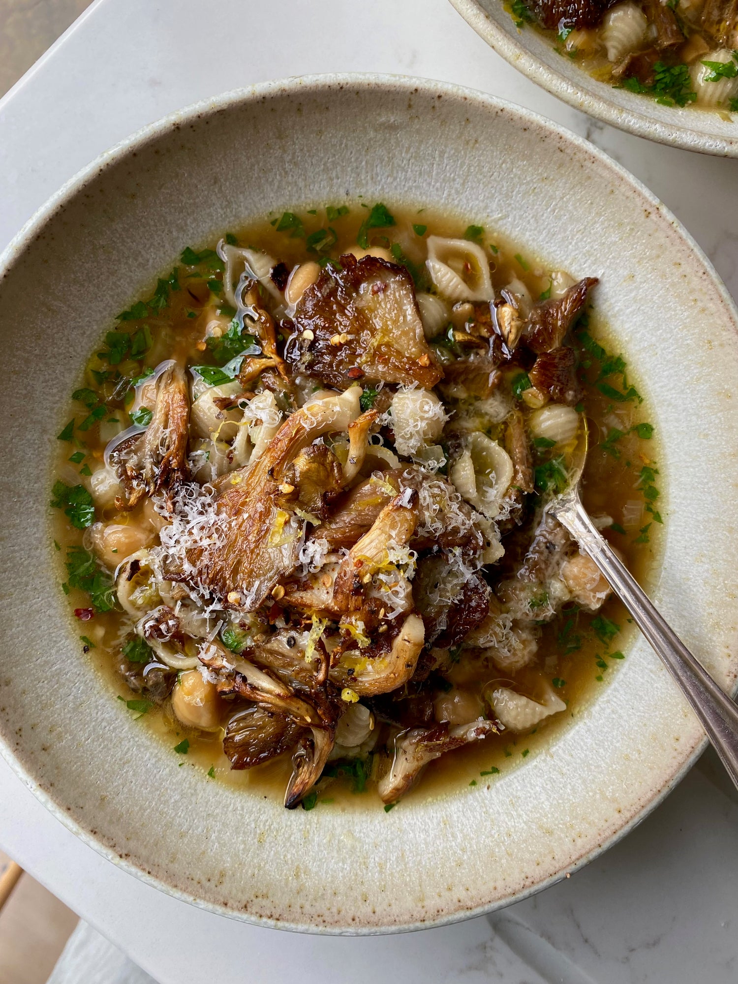 Pasta e ceci with seasonal mushrooms