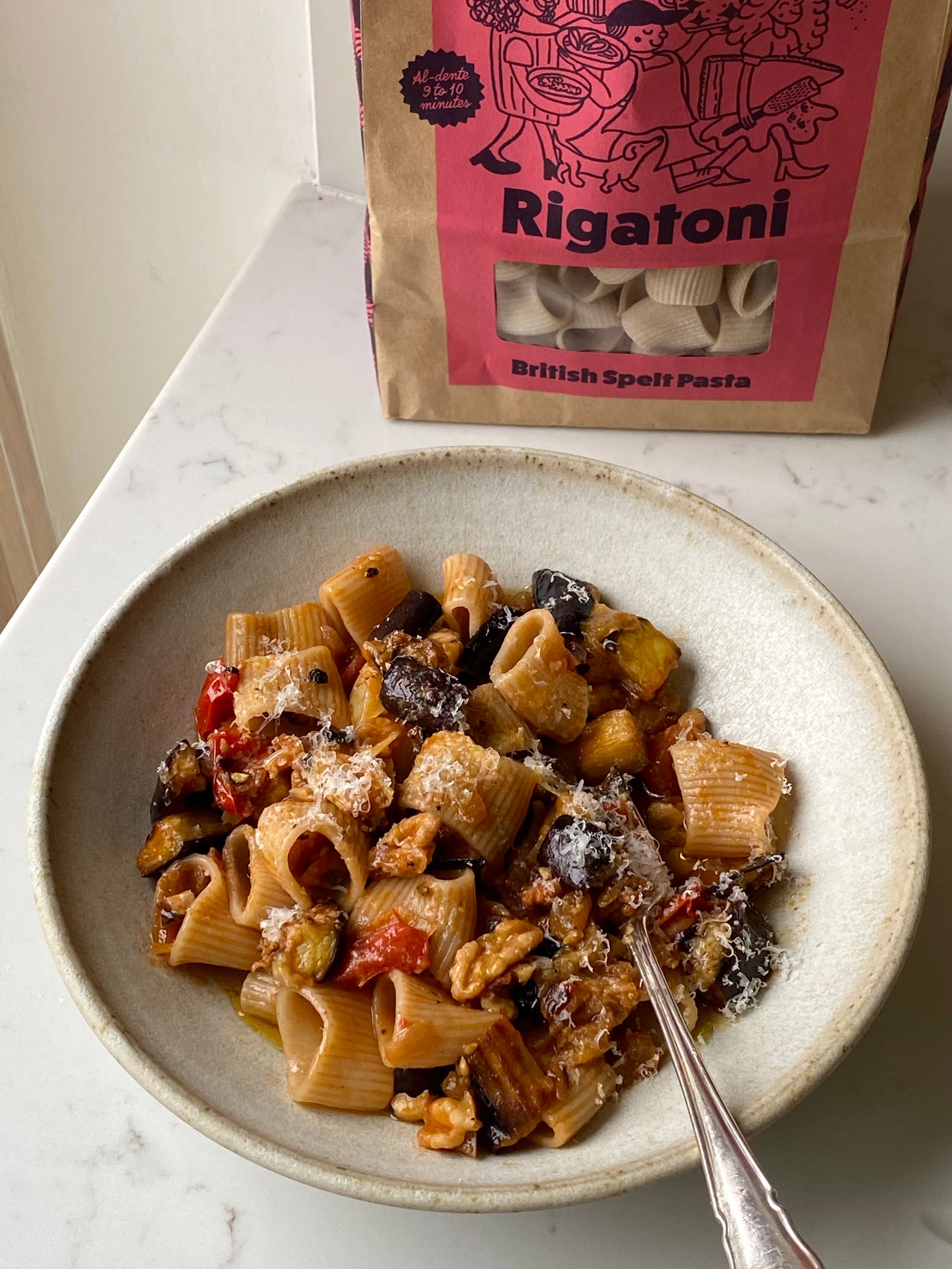 Tomato, aubergine and walnut rigatoni