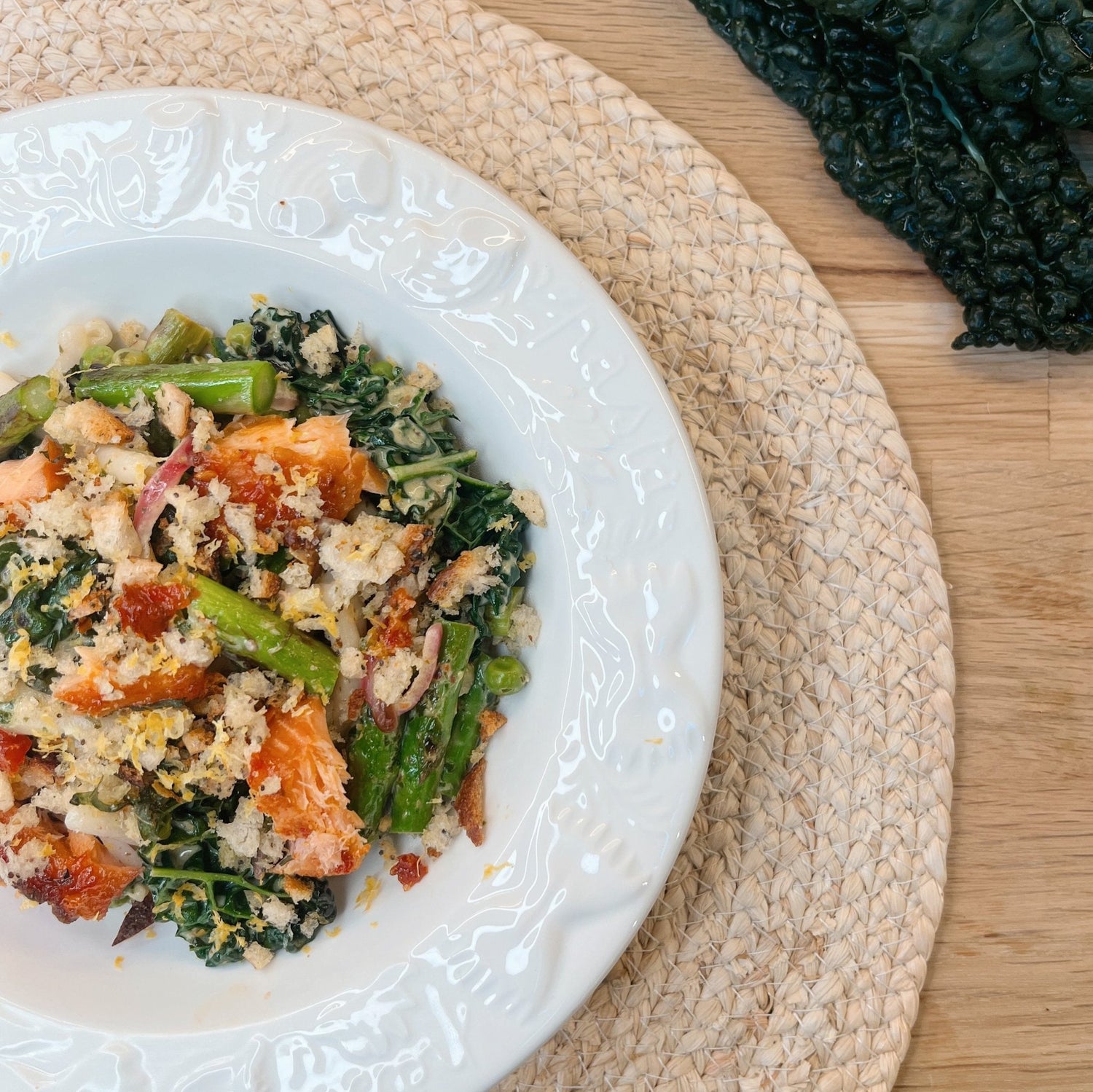 Recipe: Casarecce with Wild Garlic, Asparagus, Charred Greens & Hot Smoked Salmon