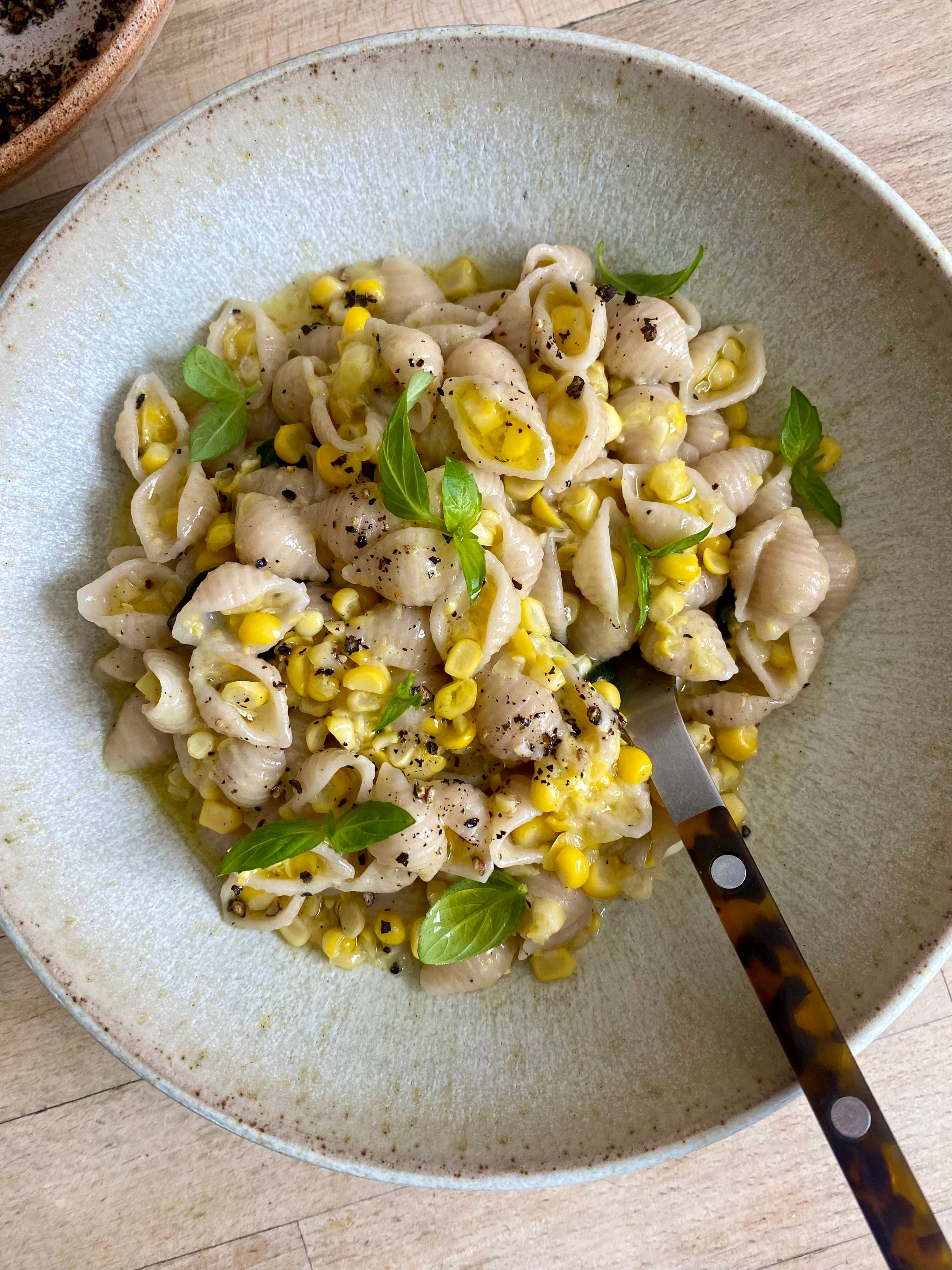 Corn, basil and black pepper conchigliette by Florence Blair